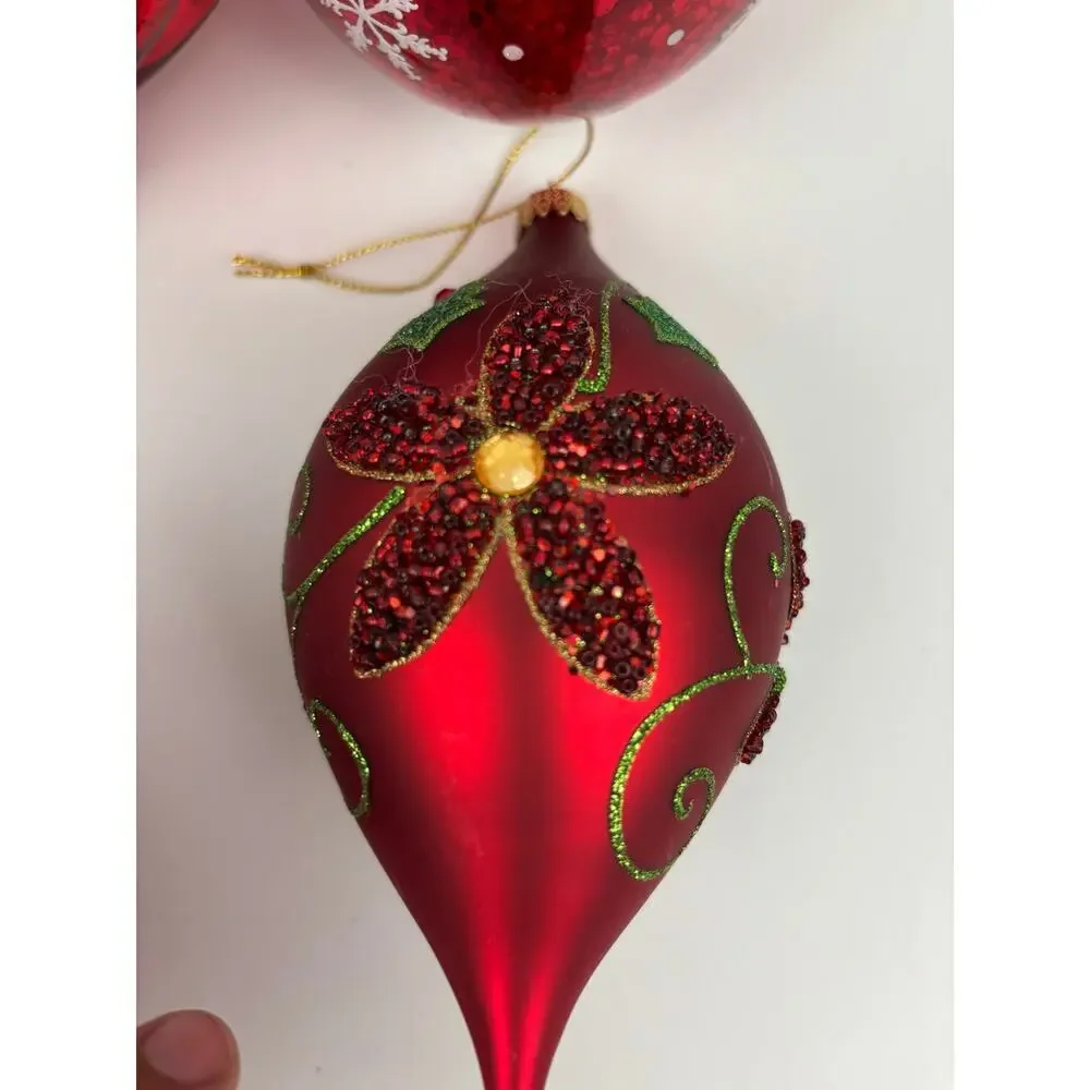 VTG Lot of 6 Glitter Glass Ornaments Round‎ Sphere Red Gold Heavy Tree Decor